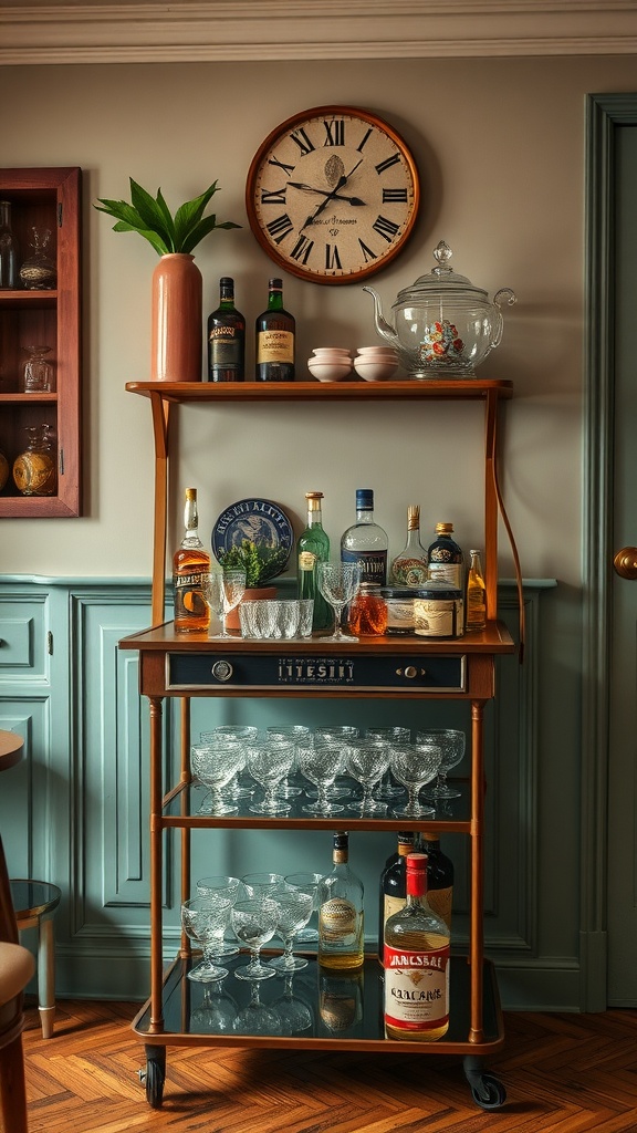A vintage wooden bar cart with assorted drinks and glassware in a cozy kitchen setting.