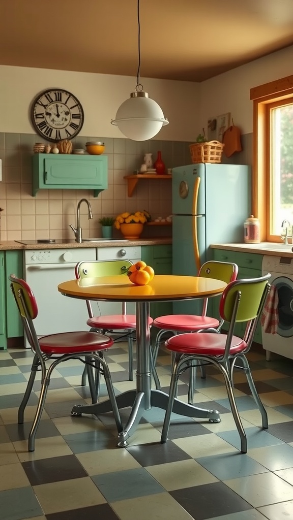 Colorful retro dining set with a yellow table and red and green chairs in a vintage kitchen