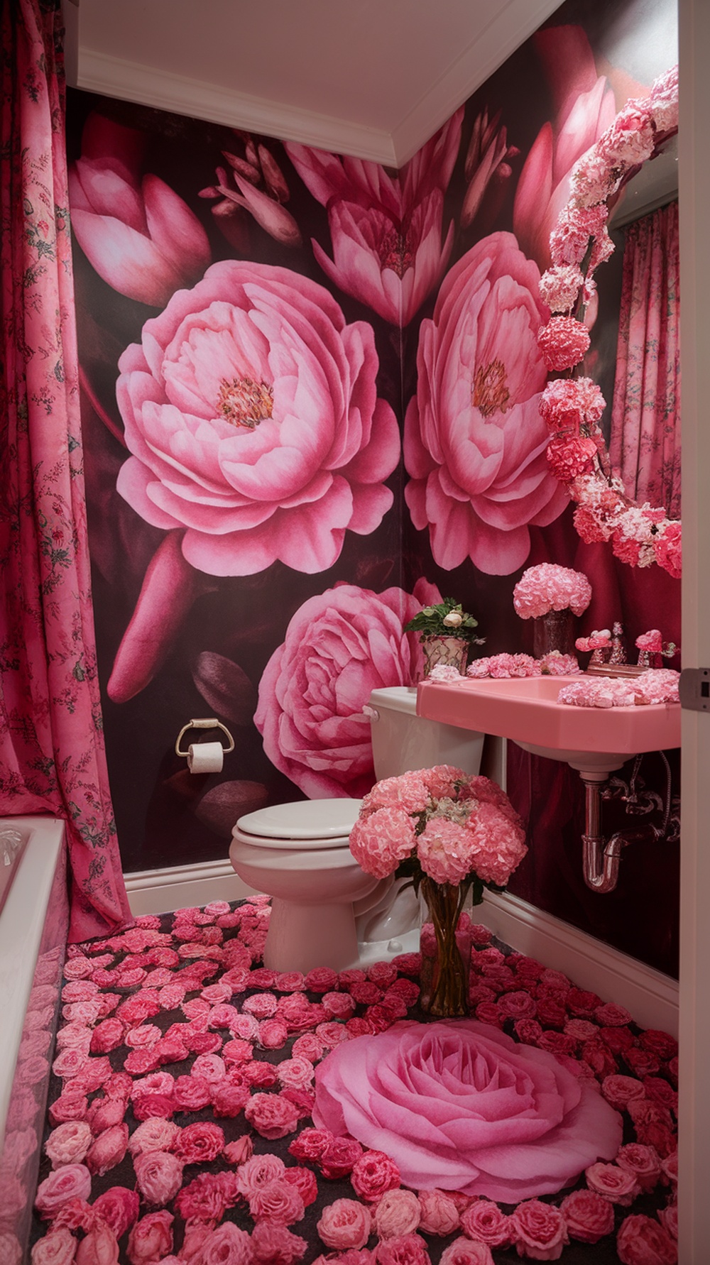 A chic pink bathroom with floral wallpaper, faux flower floor, and pink sink, creating a romantic atmosphere.