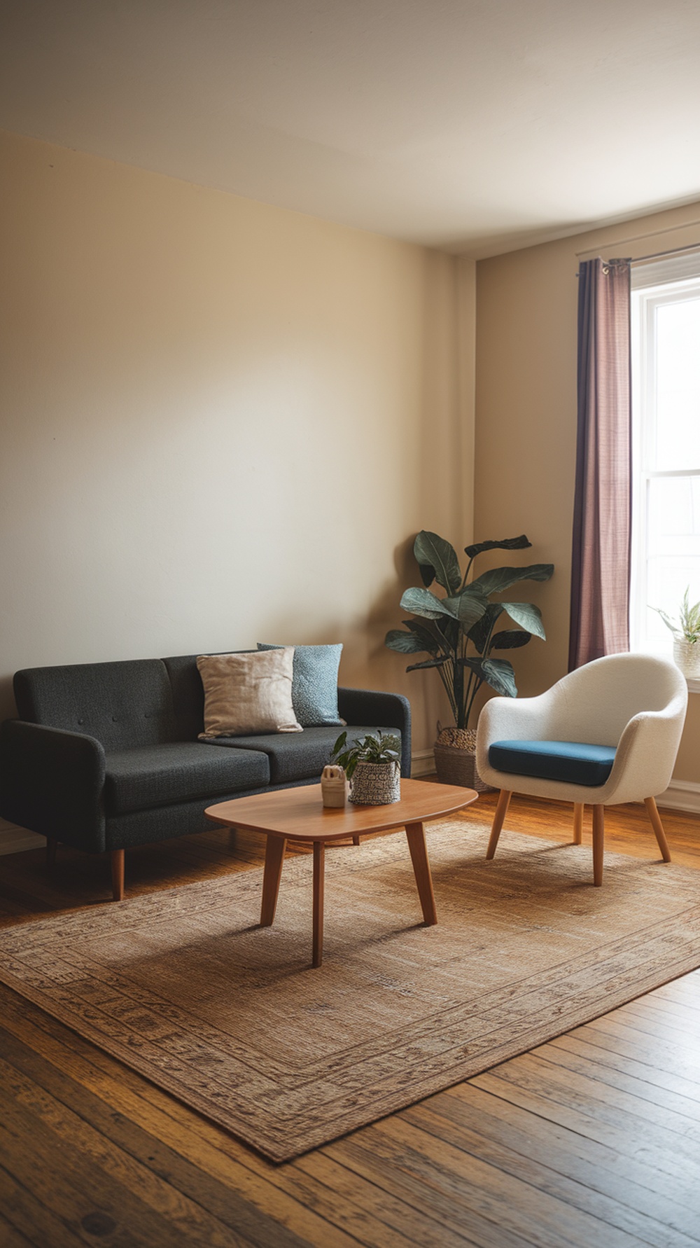 A cozy small apartment living room with a modern minimalist design featuring a black sofa, a white chair, and a light brown rug.
