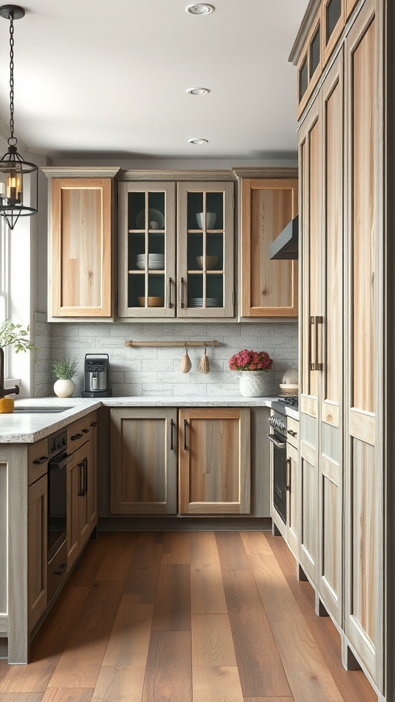 A rustic kitchen featuring two-tone cabinets with a mix of light and dark wood finishes.