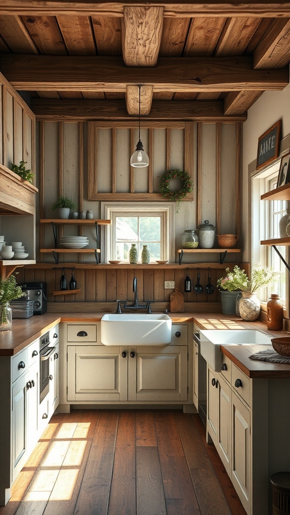 A rustic farmhouse kitchen with wooden beams, open shelves, and vintage decor.