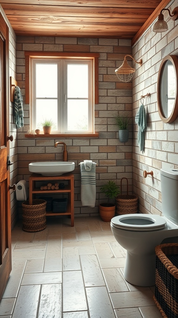 A rustic farmhouse style bathroom with textured walls and wooden accents.