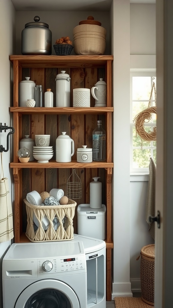 Rustic wooden shelving in a farmhouse laundry room with decorative jars and a woven basket.