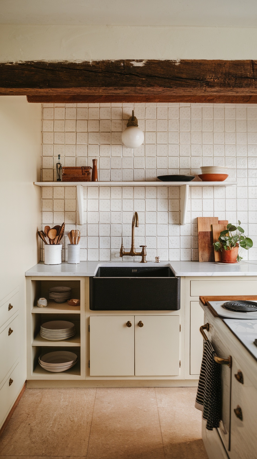 A rustic mid century modern kitchen featuring a large black sink, exposed wooden beams, and ceramic tiles.