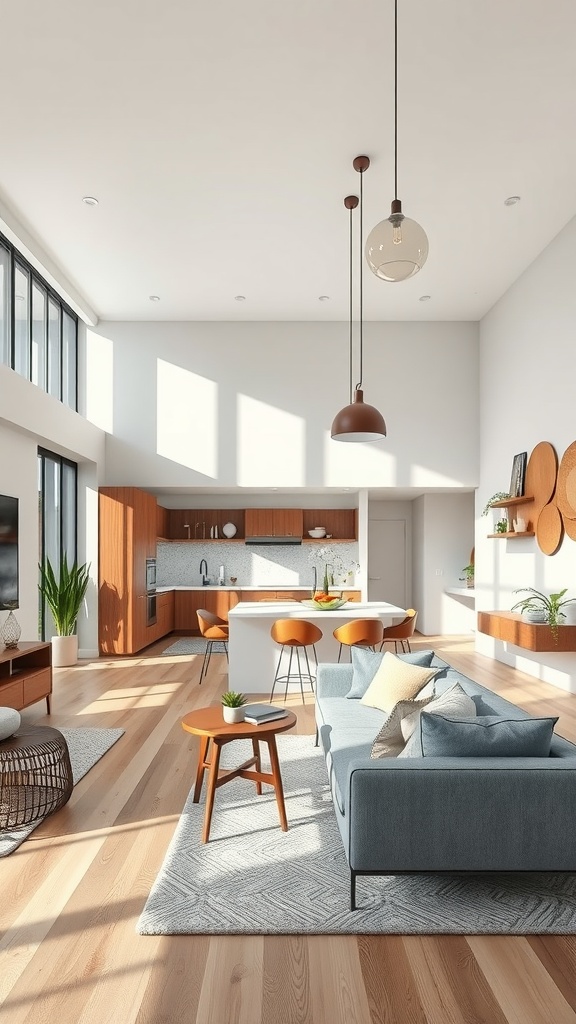 An open concept kitchen and living room with modern decor and abundant natural light.