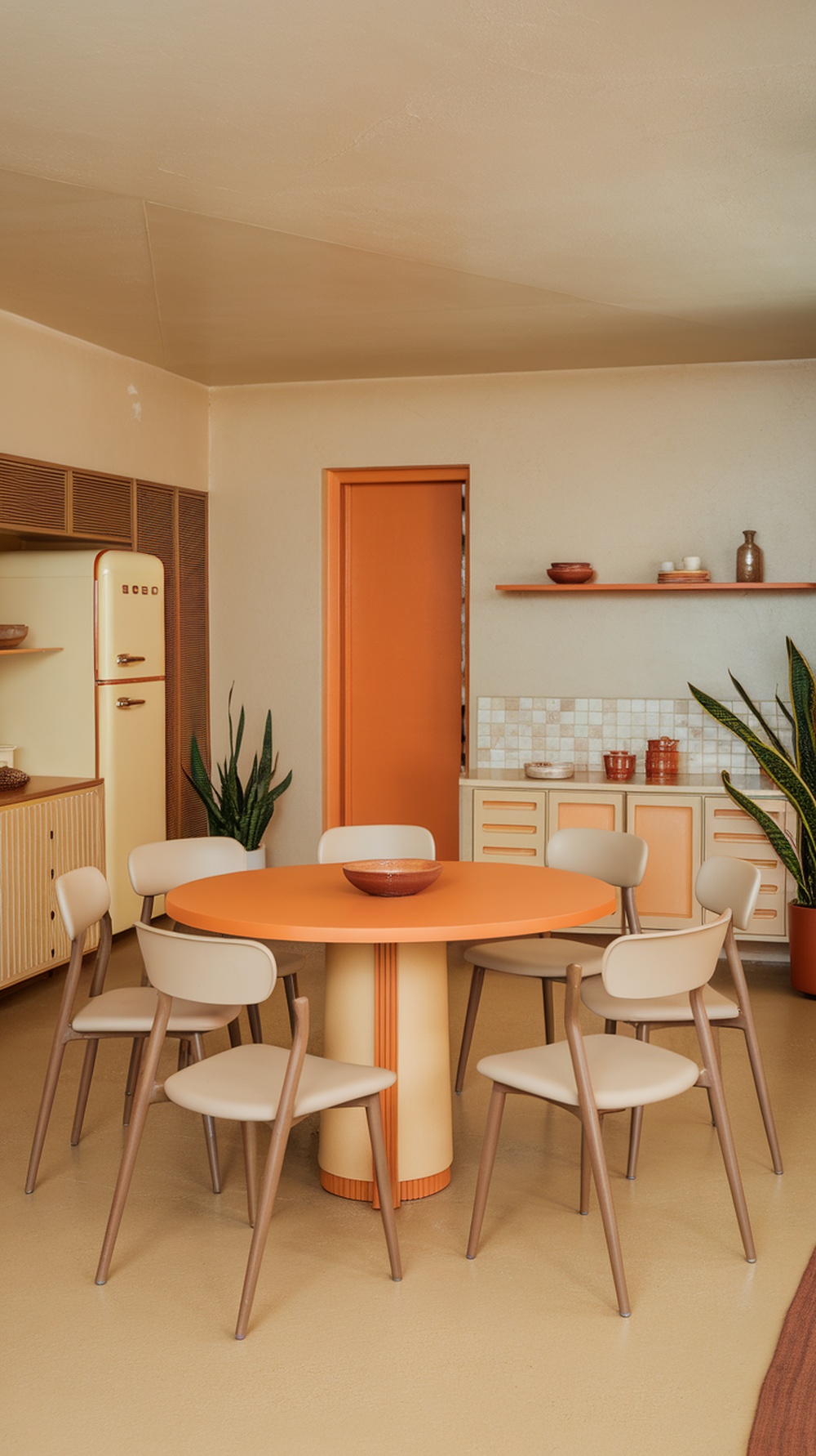 Mid Century Modern kitchen with round dining table and retro elements.