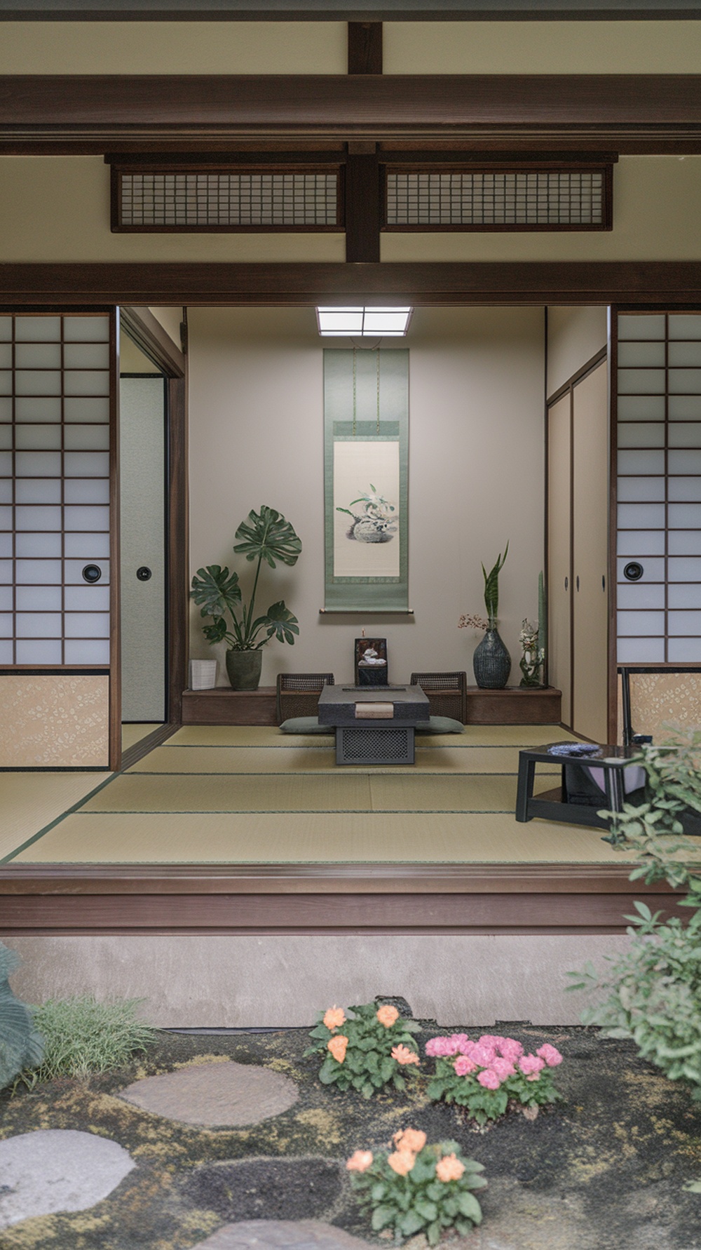 A traditional Japanese bedroom with tatami mats, sliding doors, and seasonal decor including plants and art.