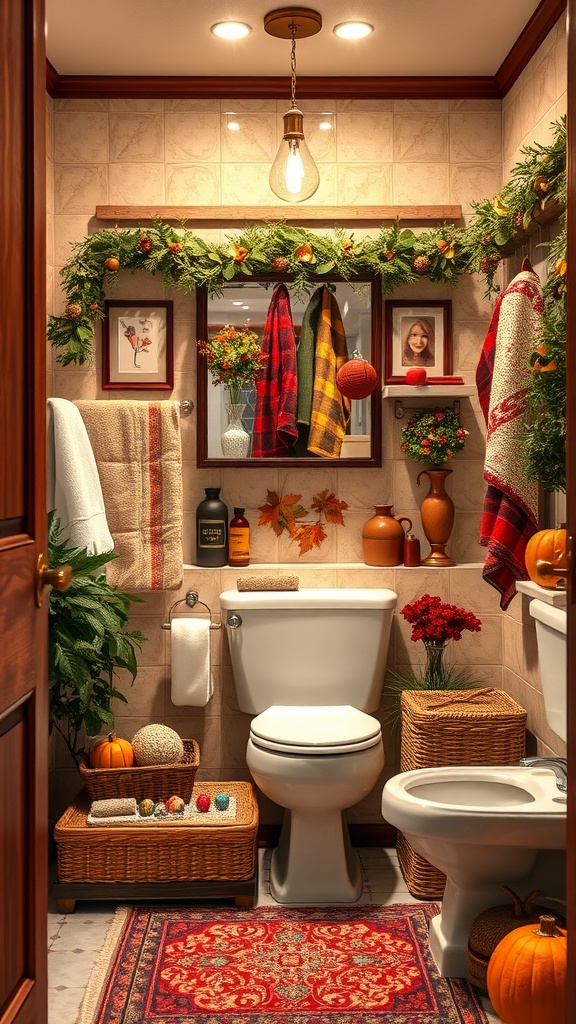 A cozy fall-themed bathroom with seasonal decorations including pumpkins, plaid textiles, and greenery.