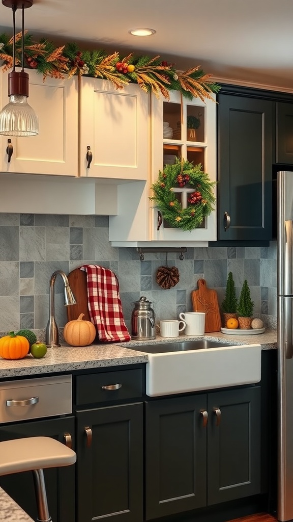 A kitchen with two-tone cabinets featuring white upper cabinets and dark lower cabinets, decorated for the season with greenery and pumpkins.