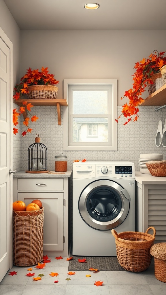 A cozy farmhouse laundry room decorated for fall, featuring autumn leaves, pumpkins, and woven baskets.