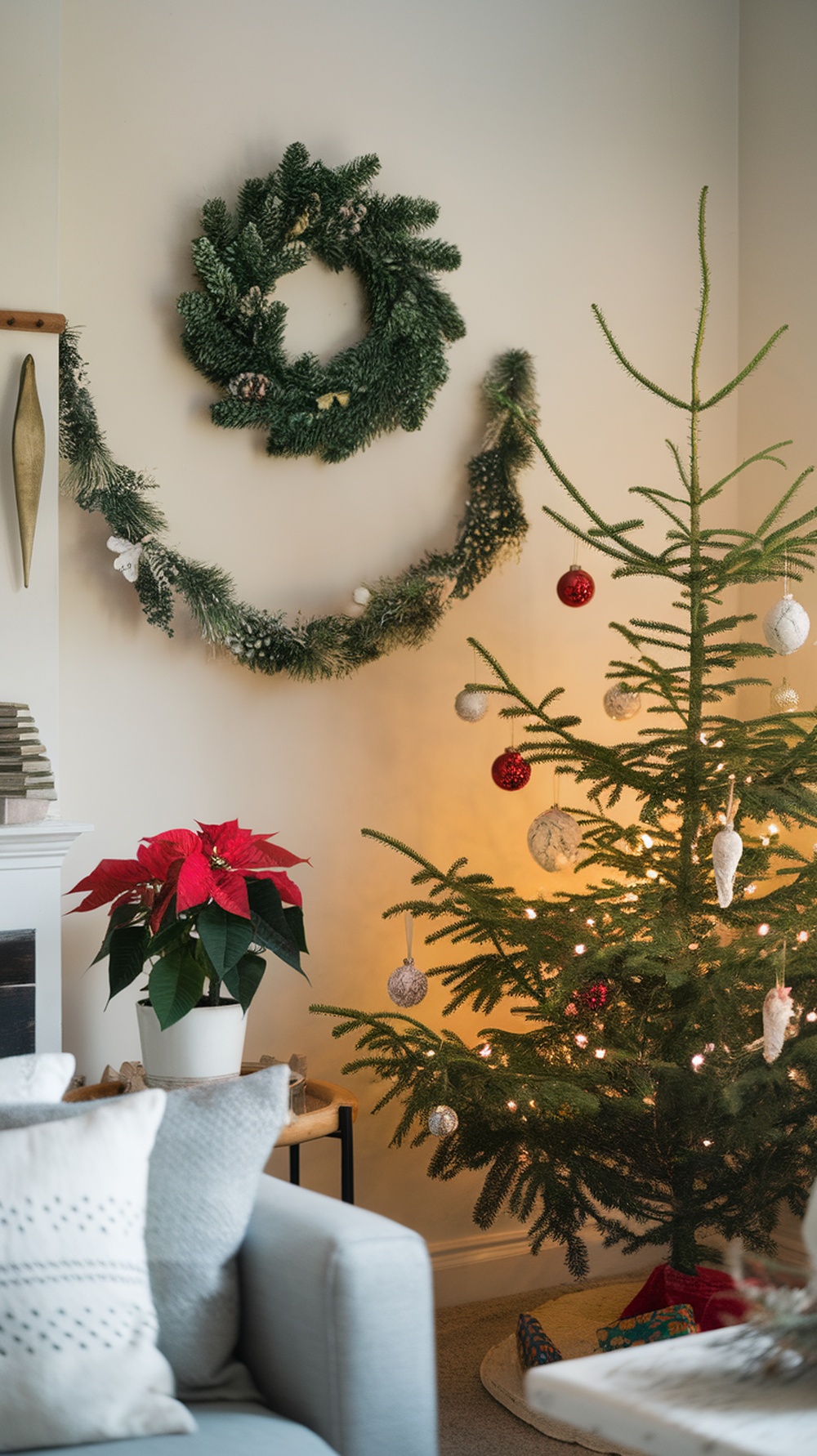 A cozy small apartment living room decorated for the holidays with a Christmas tree, wreath, and poinsettia.