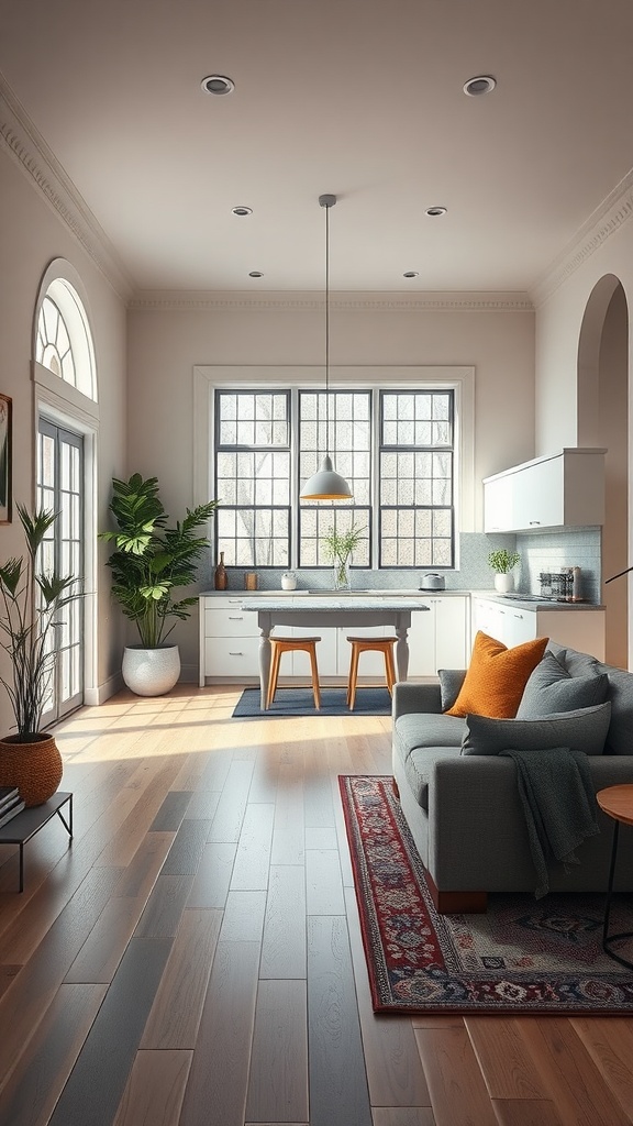 A beautifully designed open kitchen and living room with light colors, wooden flooring, and stylish furniture.
