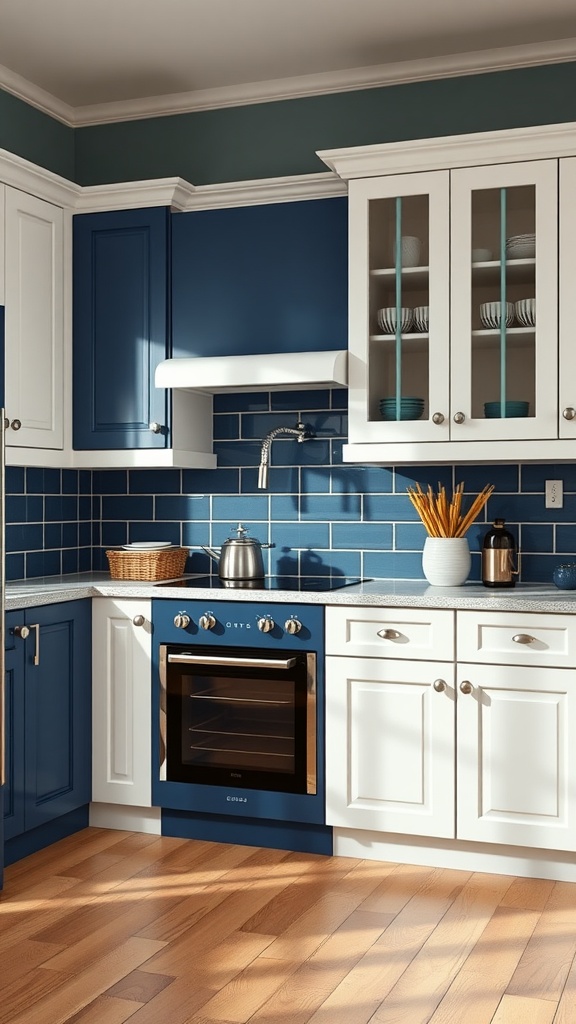 A kitchen featuring shaker style cabinets in two colors, deep blue and white, showcasing a modern aesthetic.