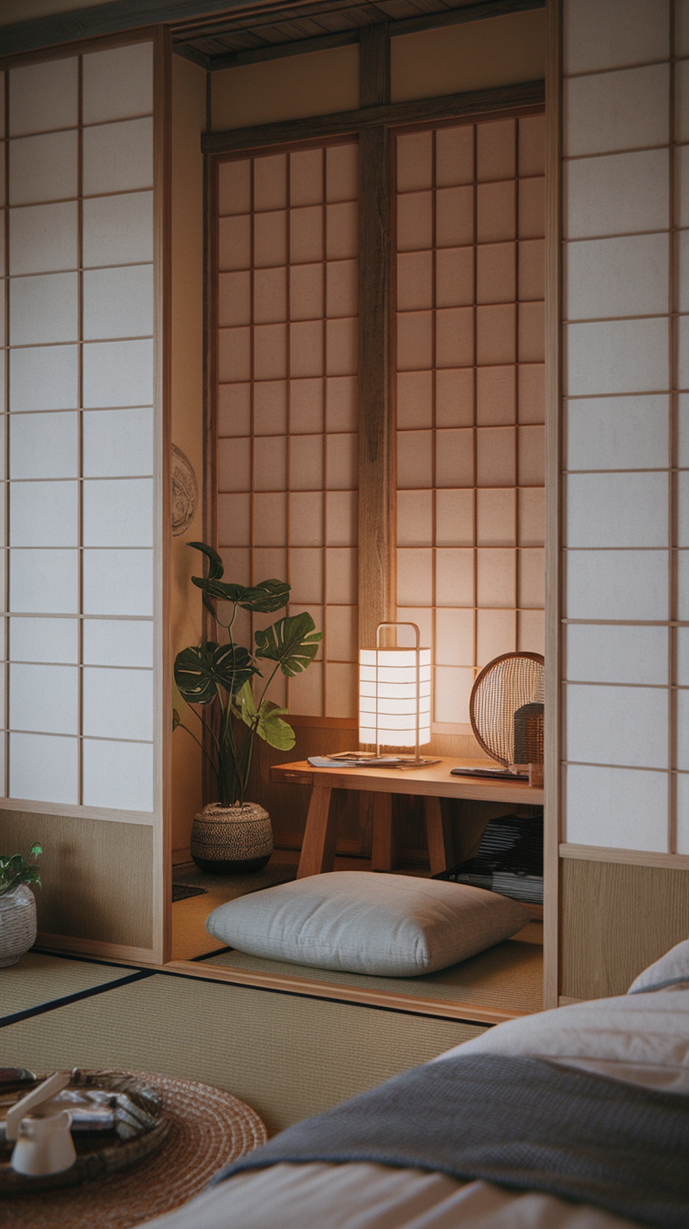 A serene Japanese bedroom featuring shoji screen room dividers, soft lighting, and natural decor elements.