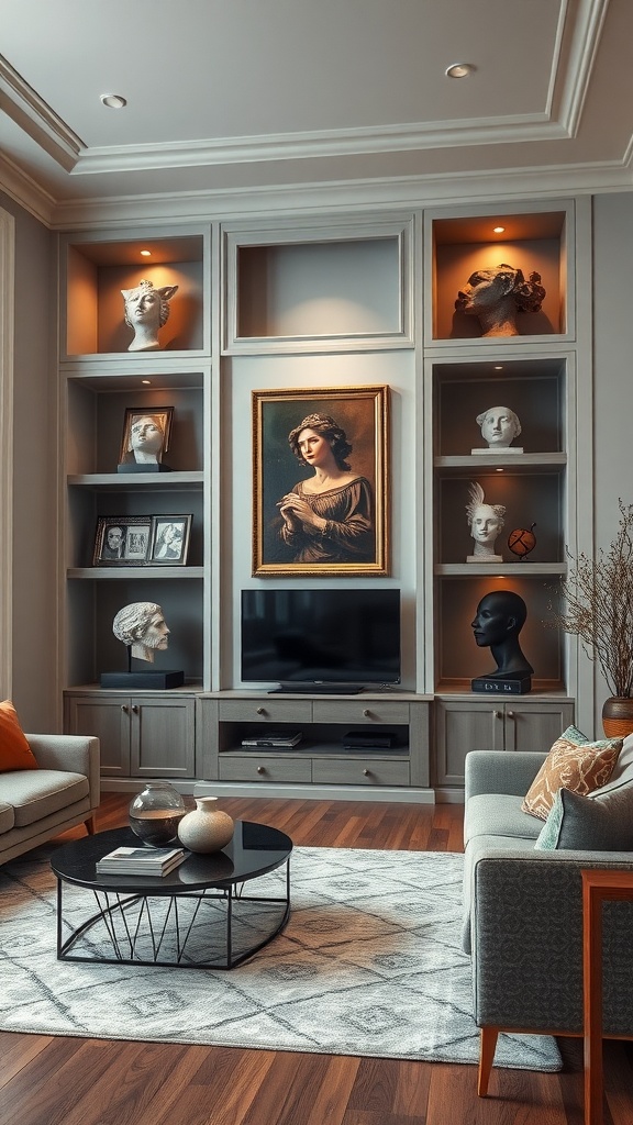 A living room featuring built-in shelves with various art pieces and a TV.