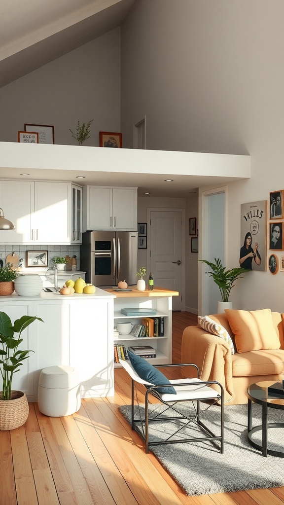 A modern open kitchen and living room featuring artwork, plants, and cozy furniture.