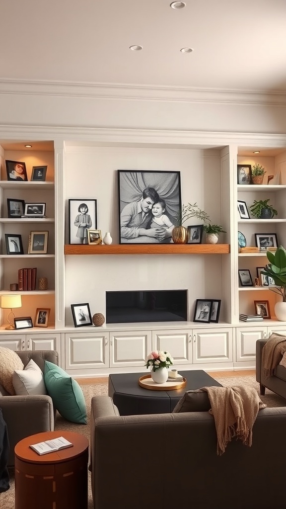 A living room featuring built-in shelves showcasing family photos, framed memories, and decorative elements.