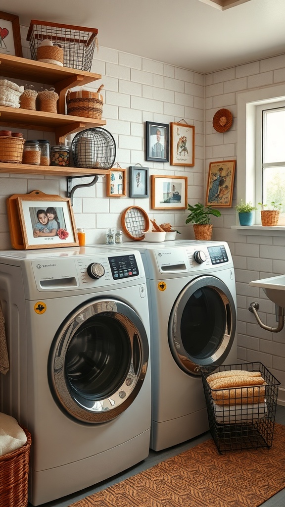 A stylish farmhouse laundry room featuring modern appliances, decorative shelves, and personal touches like framed photos and plants.