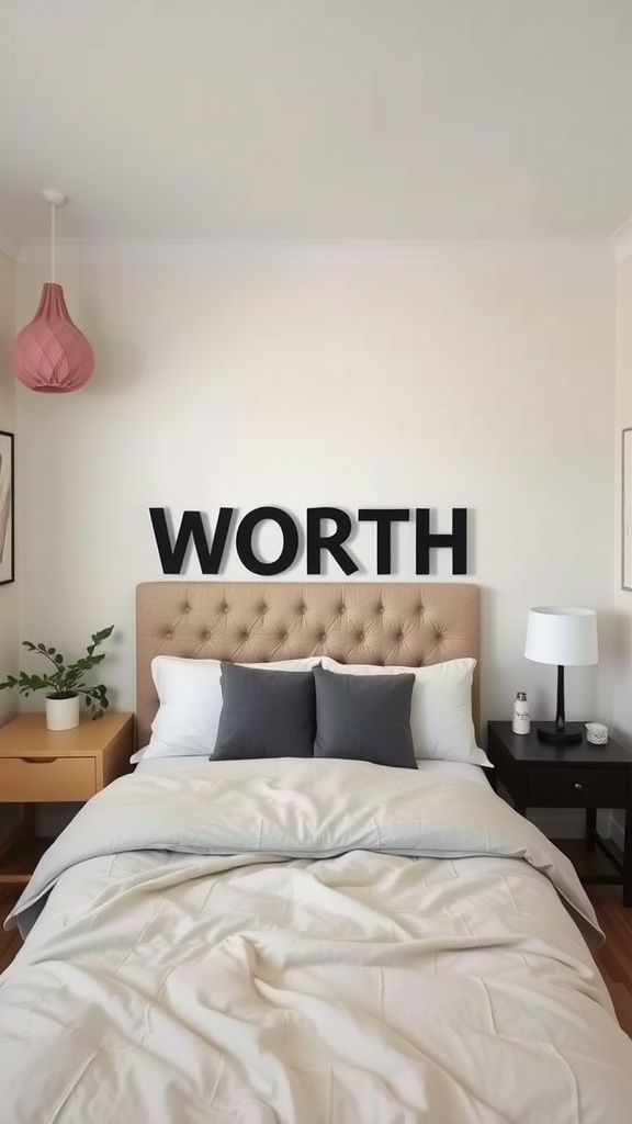 A cozy small bedroom with a tufted headboard and the word 'WORTH' displayed above it, featuring minimalistic furniture.
