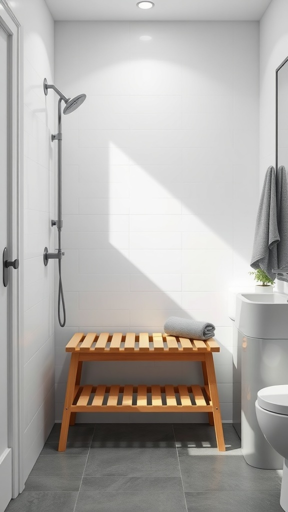 A modern shower with a wooden bench, gray tiles, and a minimalist design