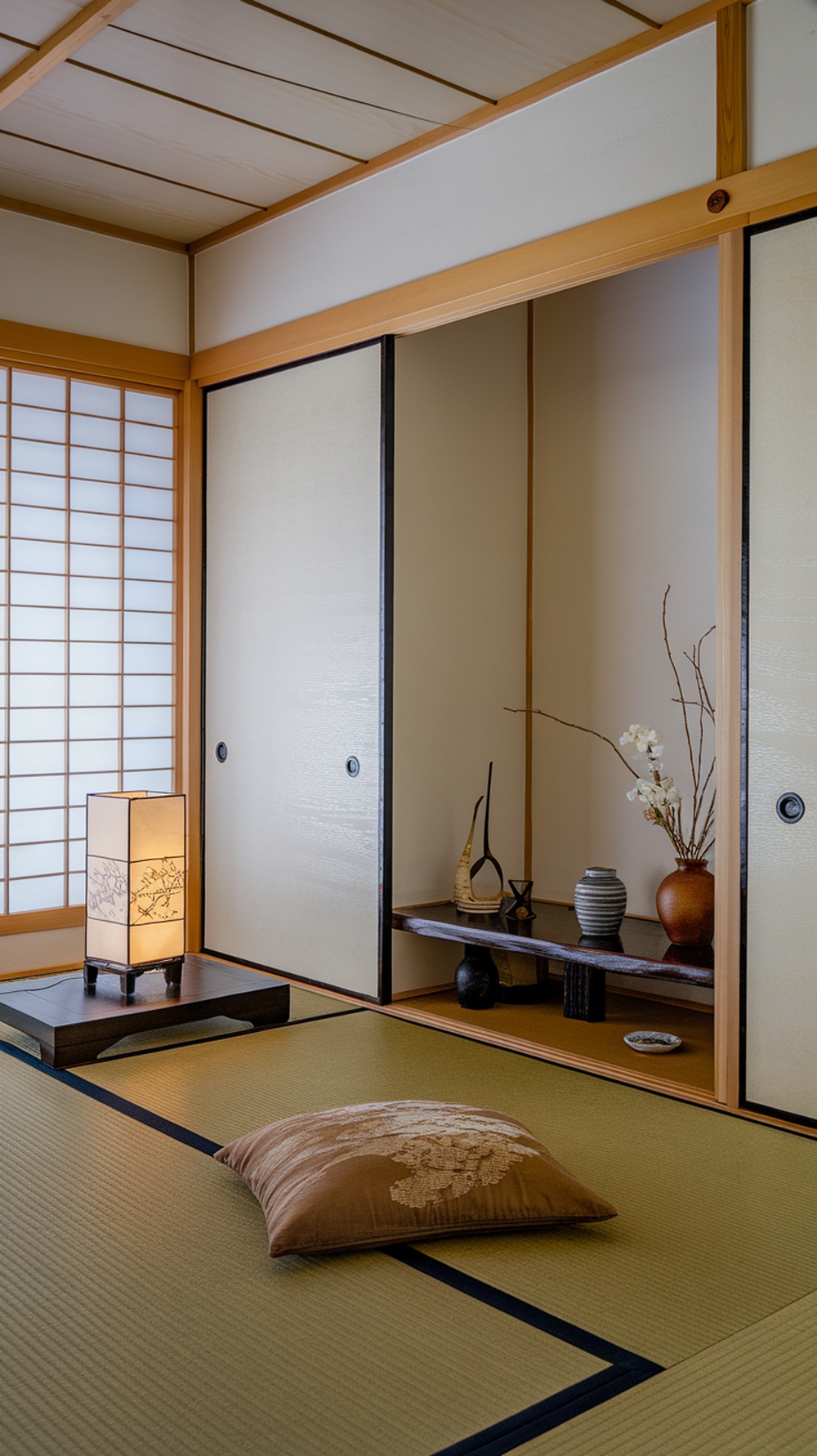 A traditional Japanese bedroom with tatami mat flooring, a soft cushion, and delicate accessories.