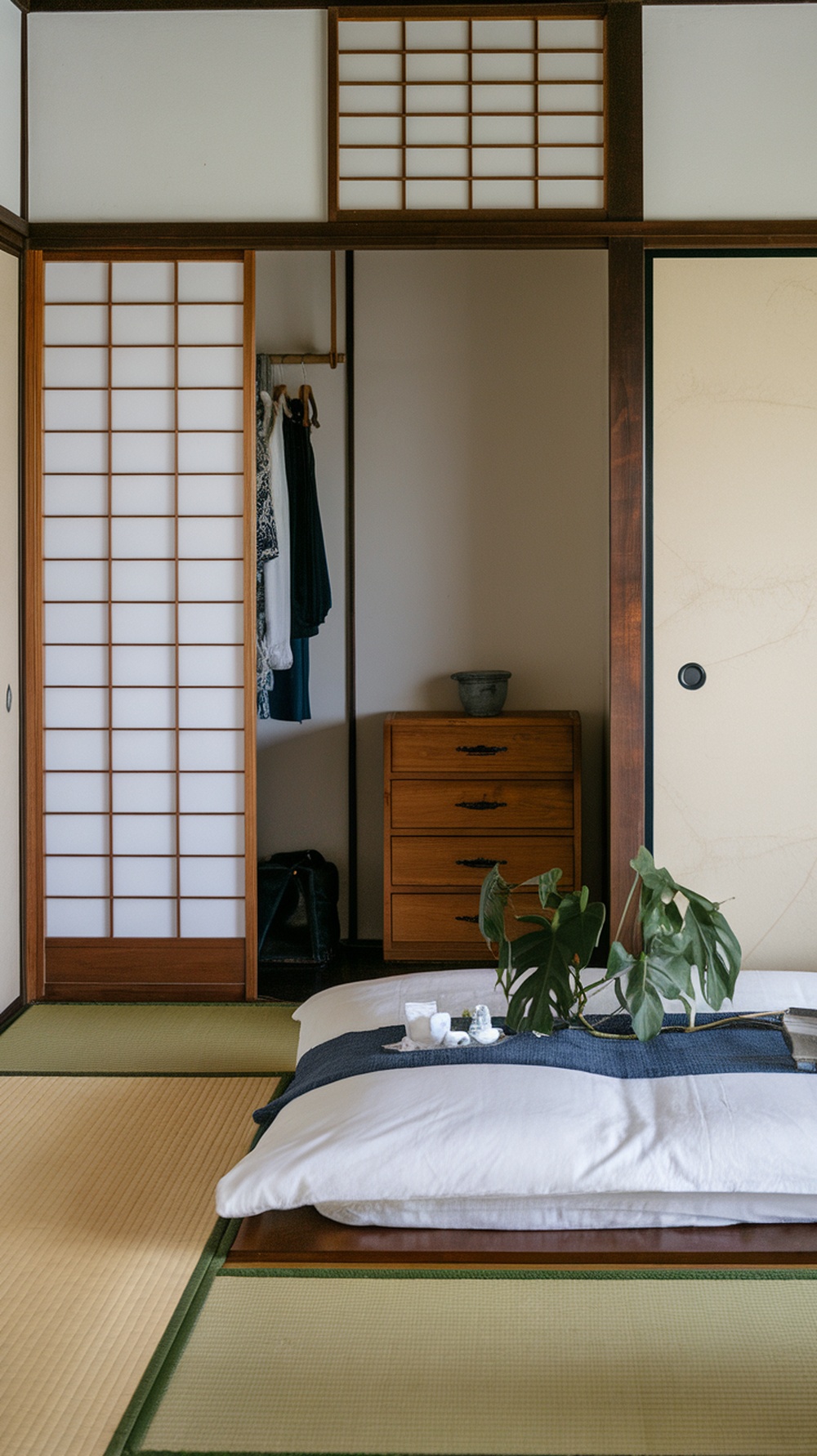 A serene Japanese bedroom featuring a futon on tatami mats, wooden sliding doors, and a potted plant.