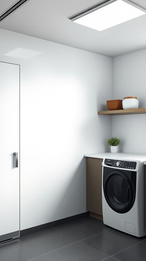 A sleek modern laundry room with a washing machine, minimalist decor, and a floating shelf.