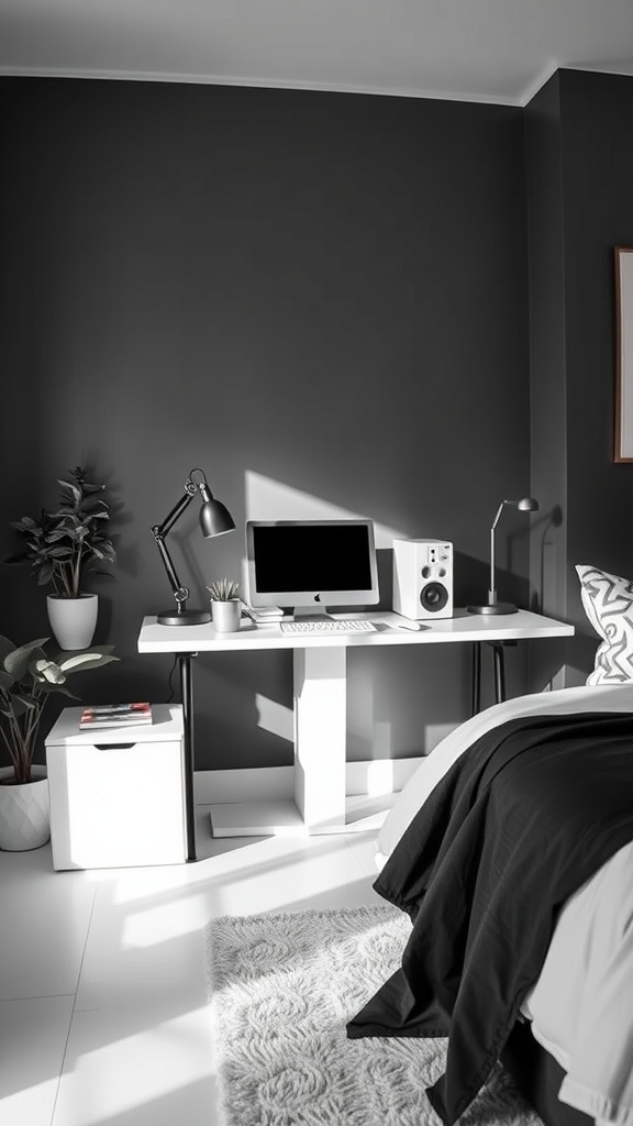 Modern desk in a black and white bedroom with a computer, plants, and stylish lamp.