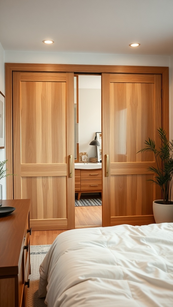Wooden sliding doors in a small bedroom with a cozy interior design.