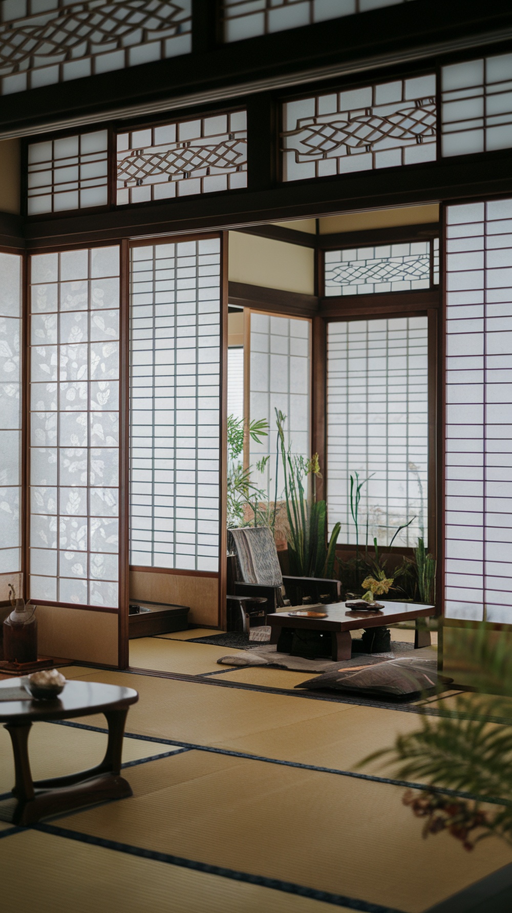 Traditional Japanese bedroom featuring sliding shoji screens with natural light filtering through