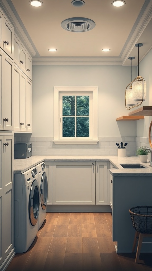 A bright and organized laundry room with modern appliances and stylish decor.