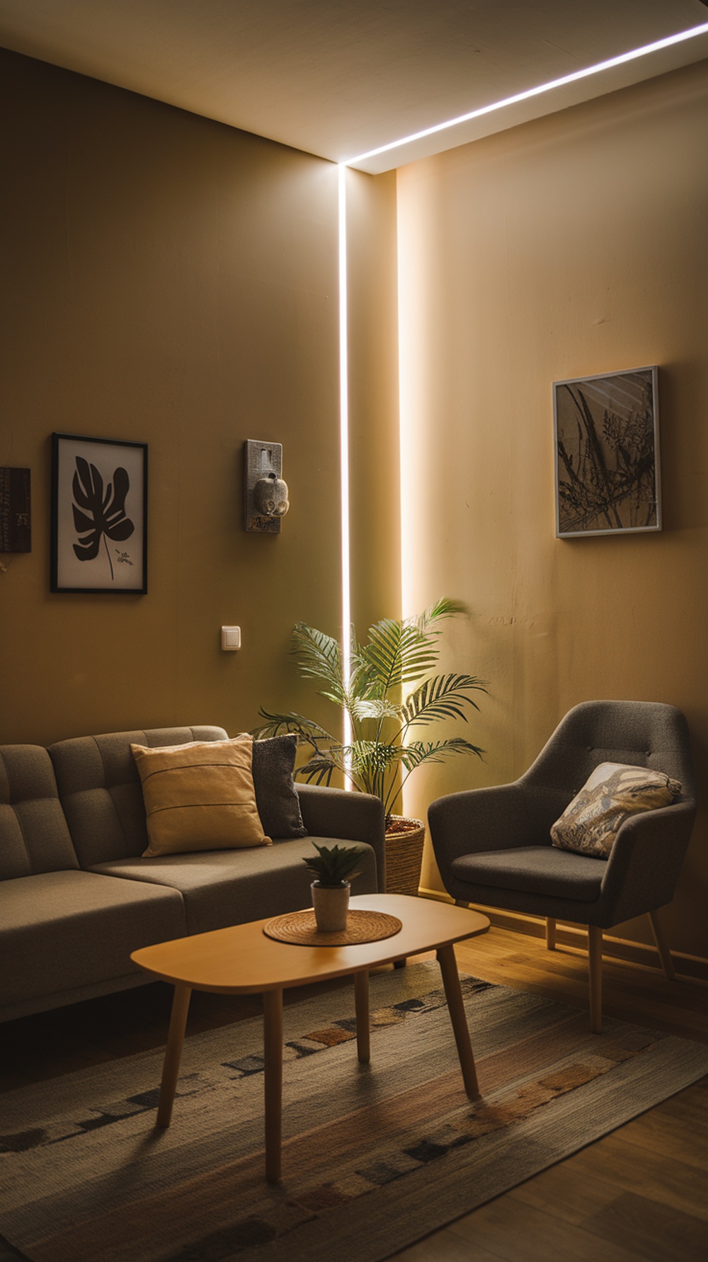 A modern small apartment living room showcasing smart lighting solutions.
