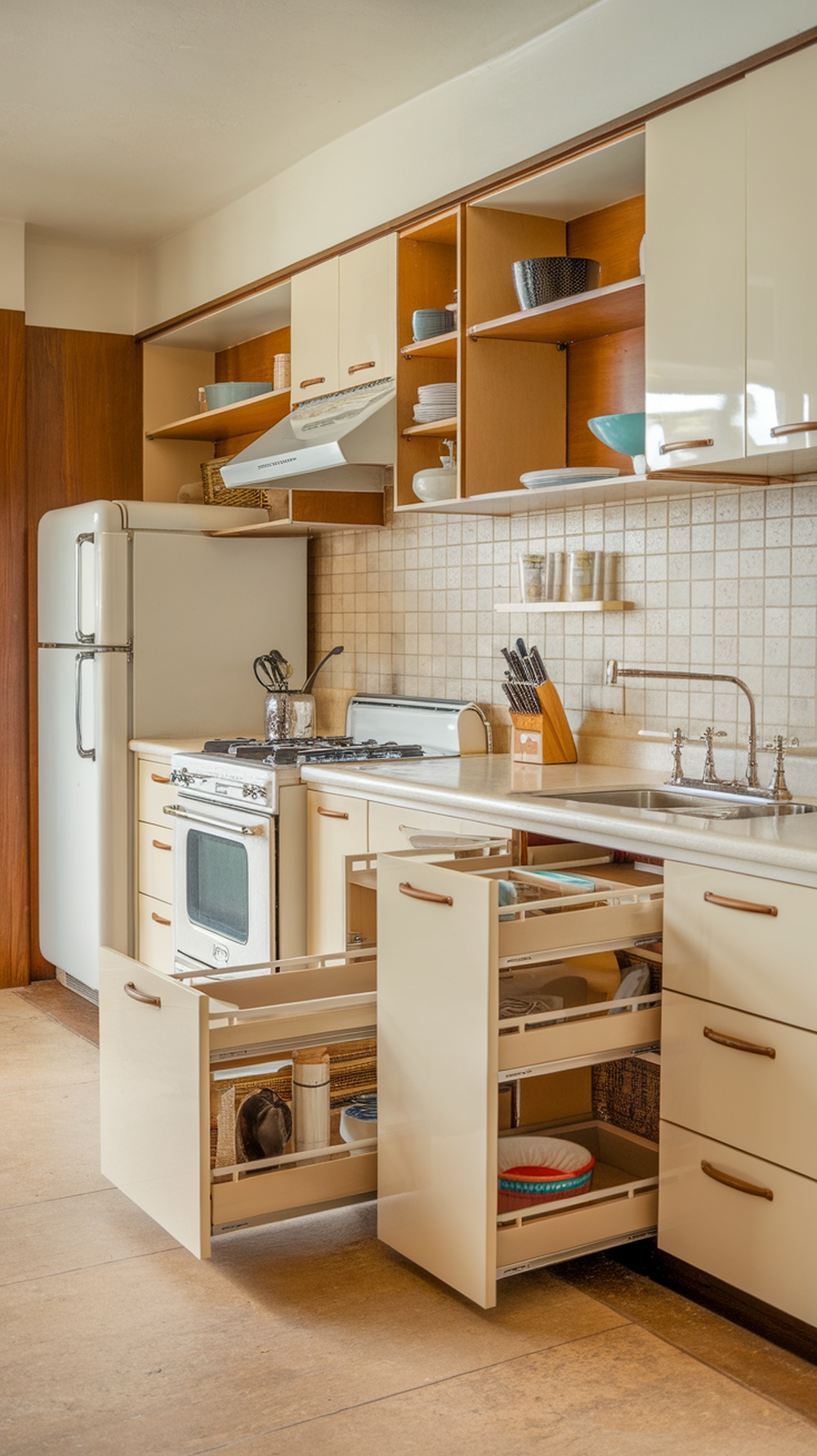 A mid century modern kitchen showcasing smart storage solutions with drawers and open shelving