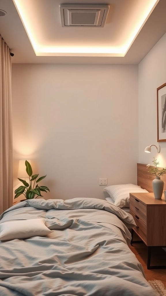 Cozy small bedroom with modern decor and smart lighting