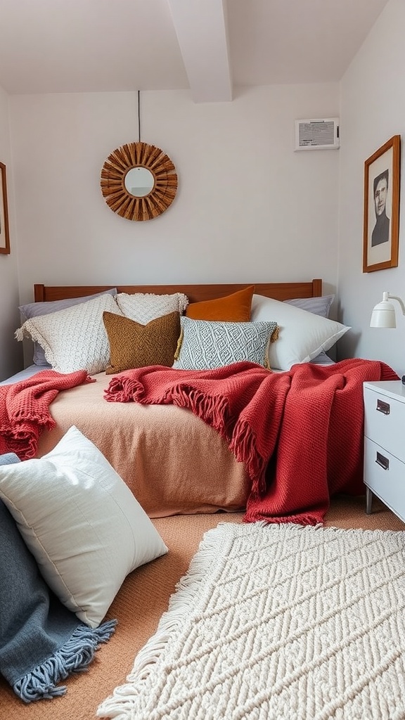 Cozy small bedroom with layered soft furnishings, including pillows and blankets on a bed