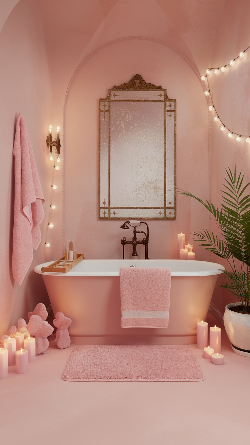 A soft pastel pink bathroom featuring a bathtub, candles, a mirror, and decorative elements.