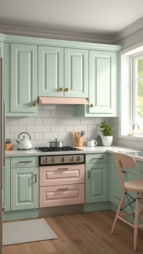 A cozy kitchen with two tone cabinets in soft pastel colors, mint green and blush pink.