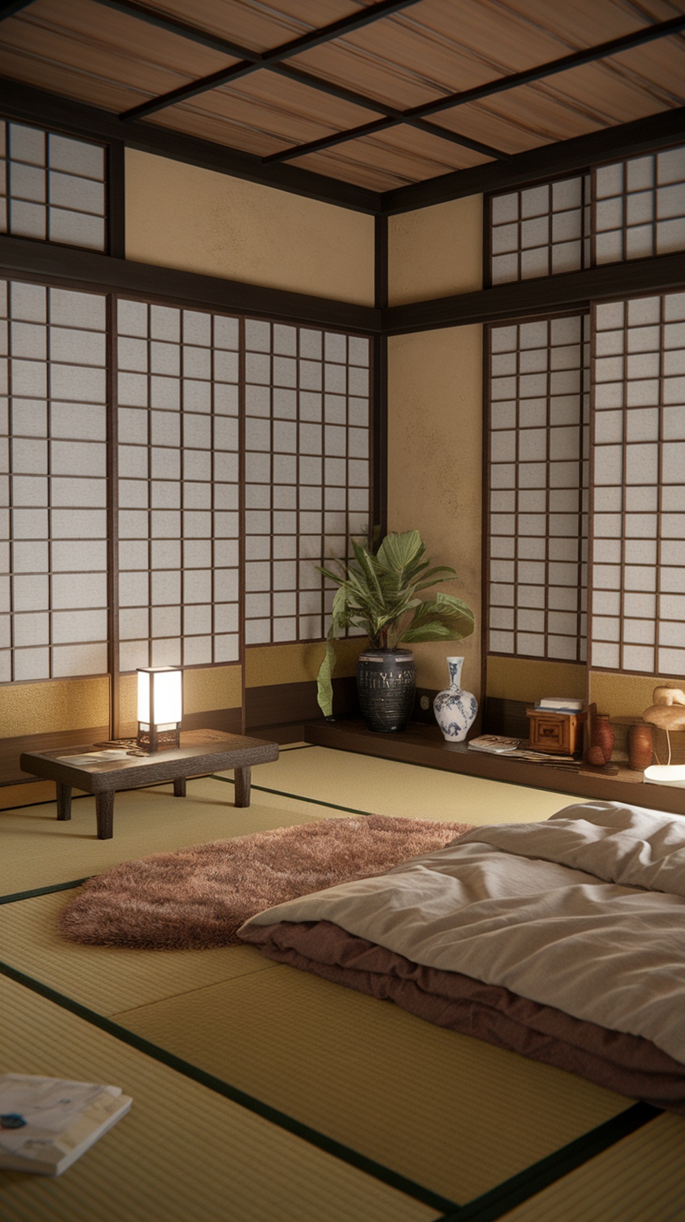 A cozy Japanese bedroom with tatami mats, a futon, and natural decor.