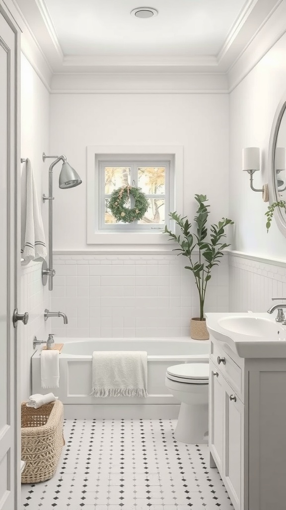 A modern Scandinavian bathroom with white walls, a bath tub, and natural decor elements.
