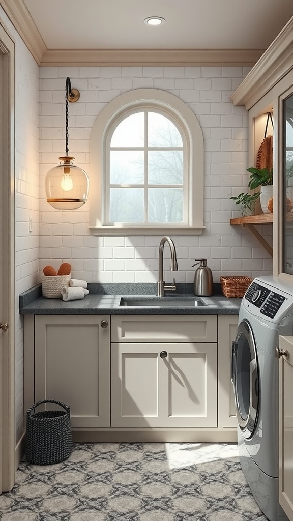A sophisticated laundry room featuring a stylish sink, window, and modern decor.