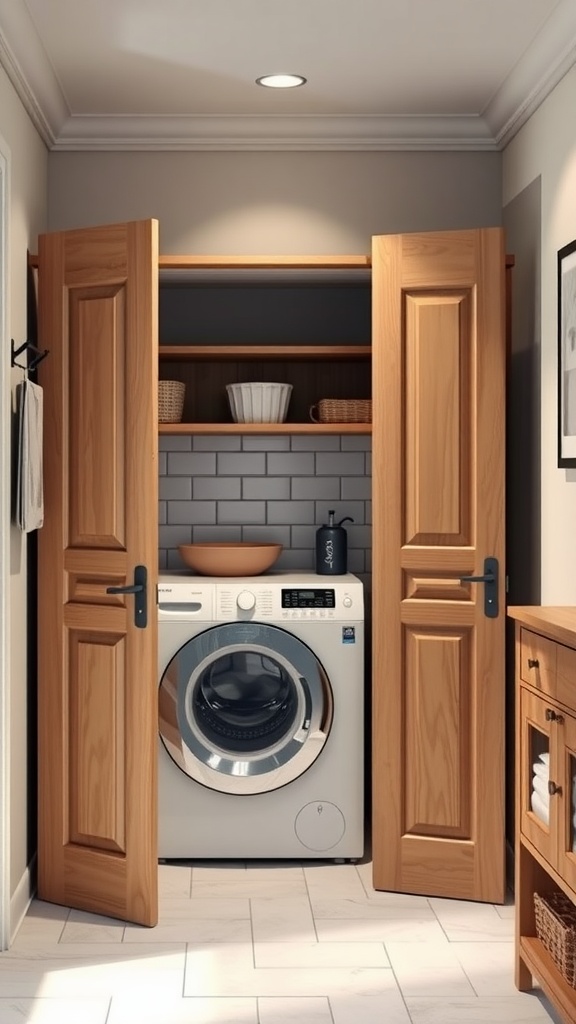 A small laundry room with wooden folding doors revealing a washer behind them, featuring shelves above for storage.