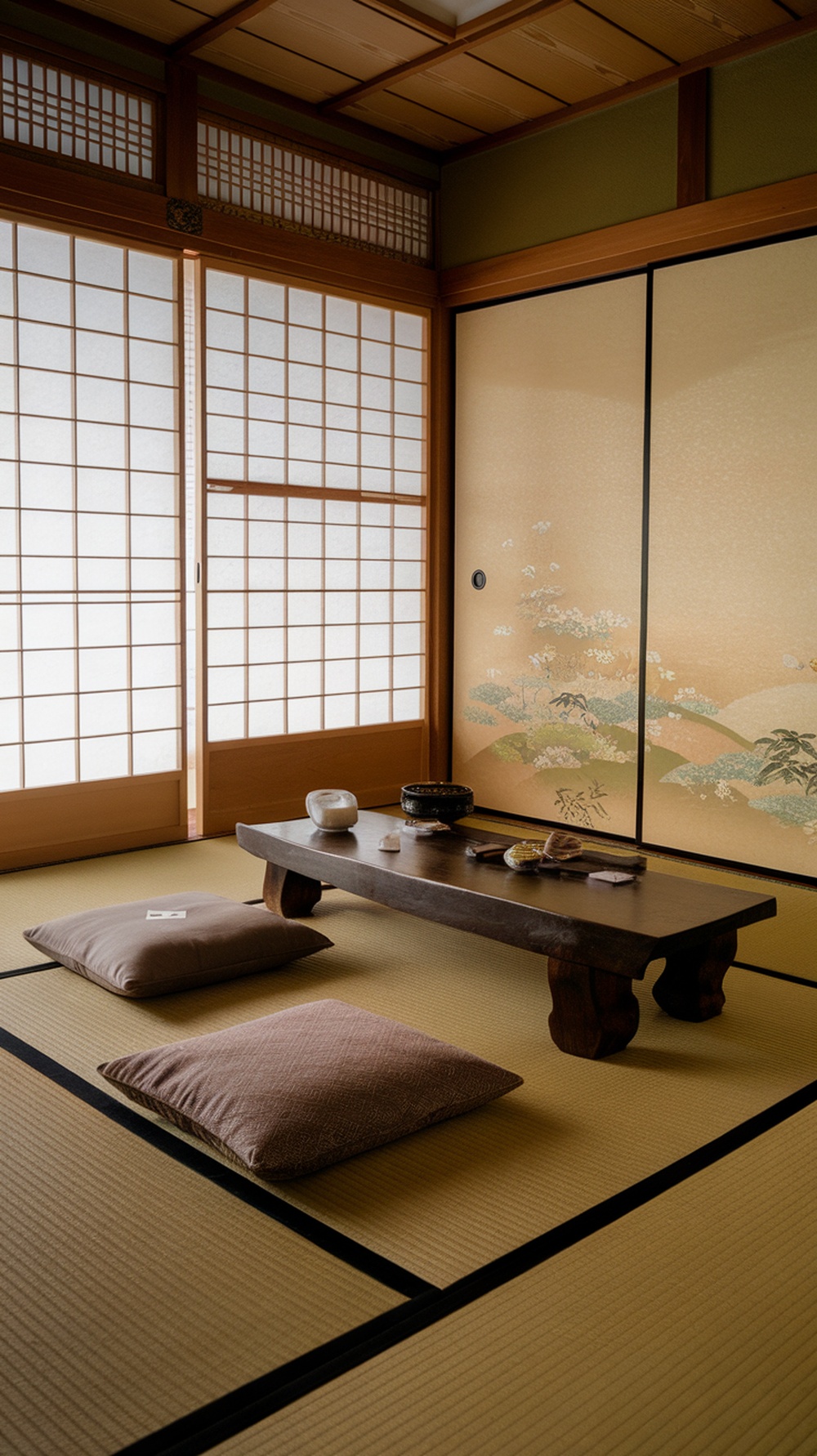 A traditional Japanese bedroom with tatami mats, wooden furniture, and a serene atmosphere, perfect for meditation.