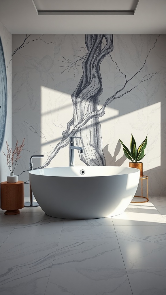 A stylish bathroom featuring a modern statement bathtub, a mural depicting a tree, and decorative plants.