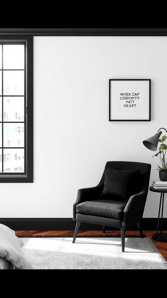 A stylish black accent chair in a black and white bedroom, highlighting modern decor.
