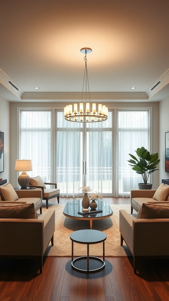 Mid century modern living room featuring a statement chandelier and cozy seating.