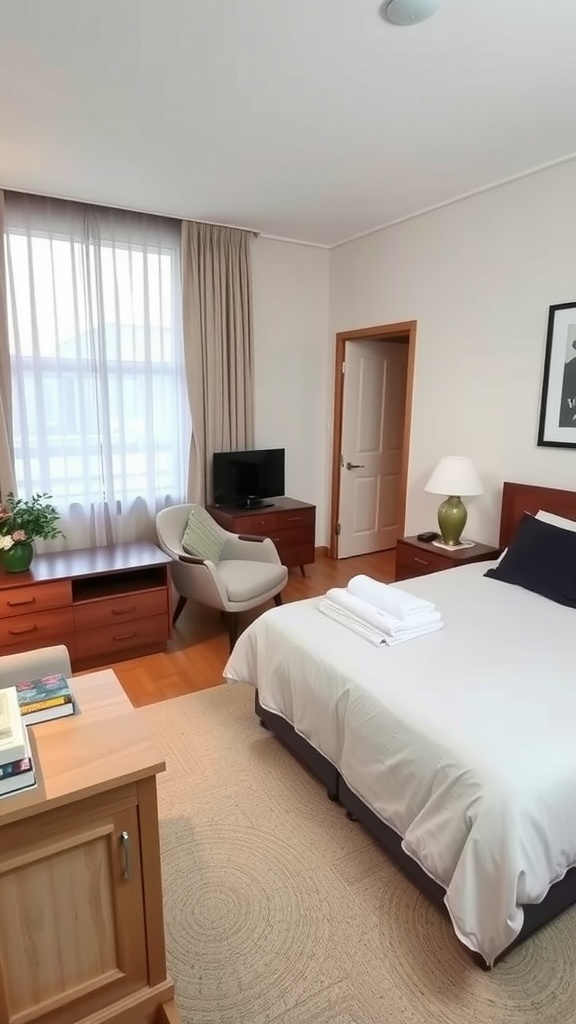 A cozy small bedroom with a bed, a chair by the window, and a TV unit, showcasing strategic furniture placement.