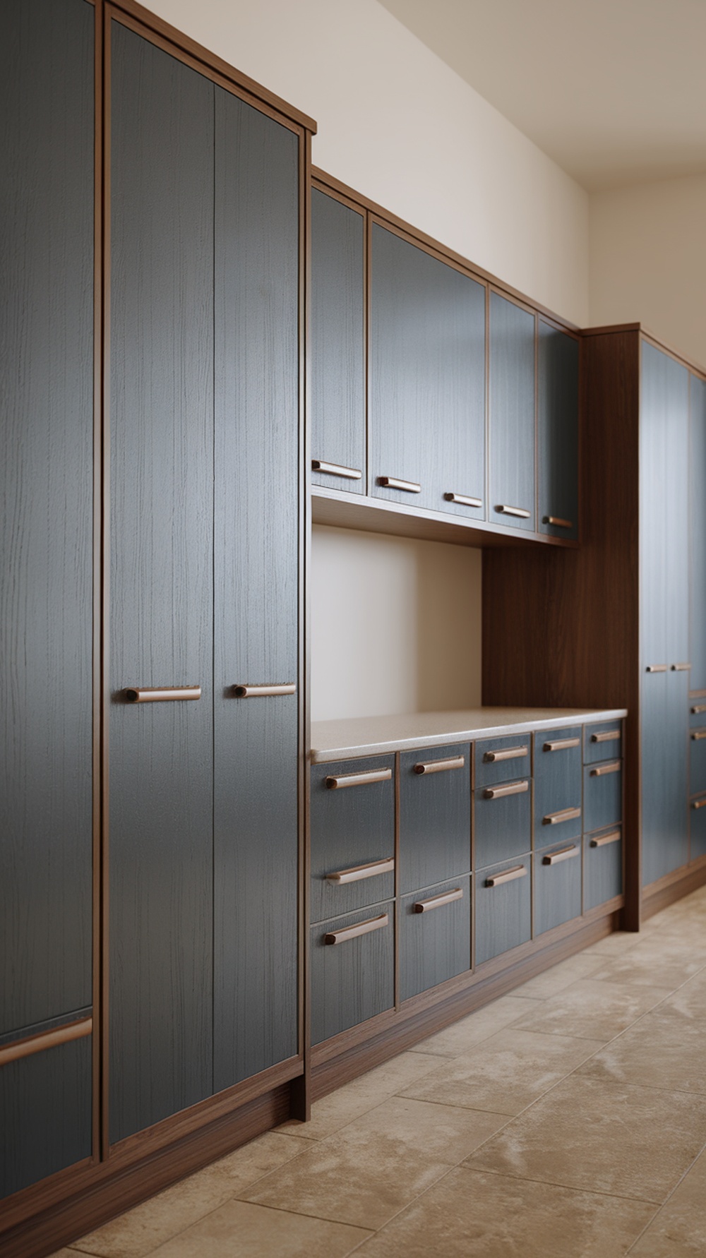 Streamlined cabinets in a Mid Century Modern kitchen with minimalist hardware