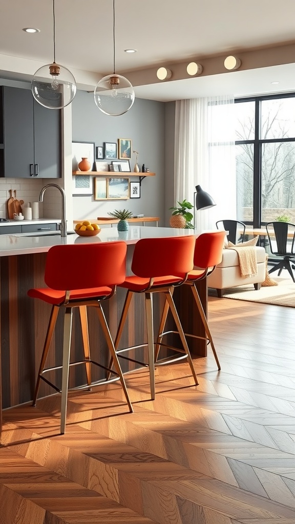 A stylish kitchen featuring modern bar stools in red color, an open concept design with wooden flooring and contemporary decor.