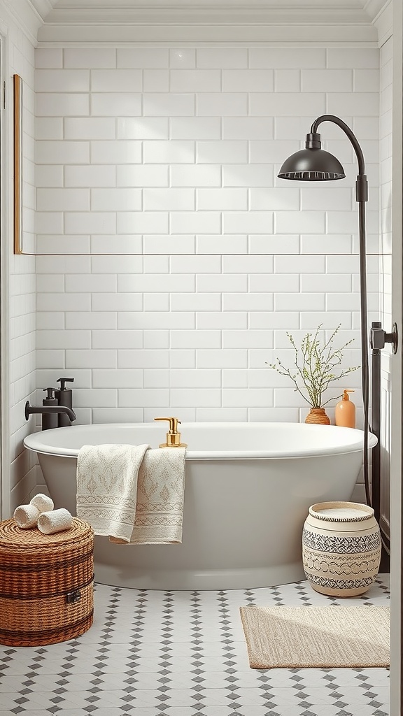 Stylish Scandinavian bathroom featuring a modern tub, decorative accessories, and a minimalist design.